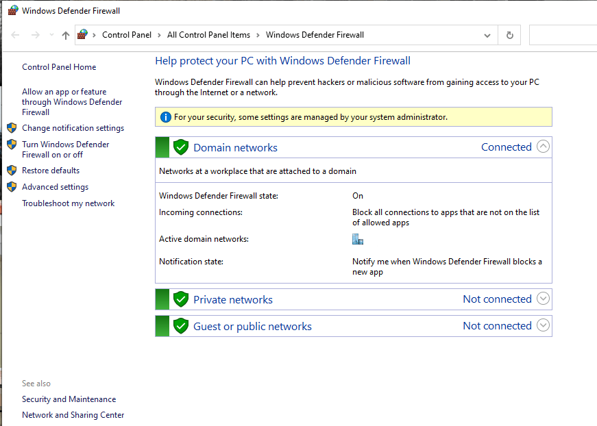 Example of windows defender firewall in Windows 10