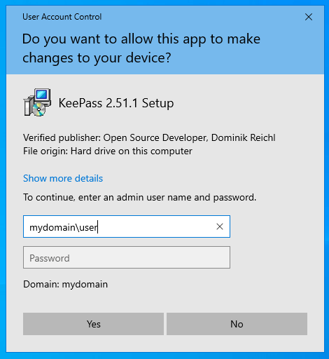 User account control dialog box