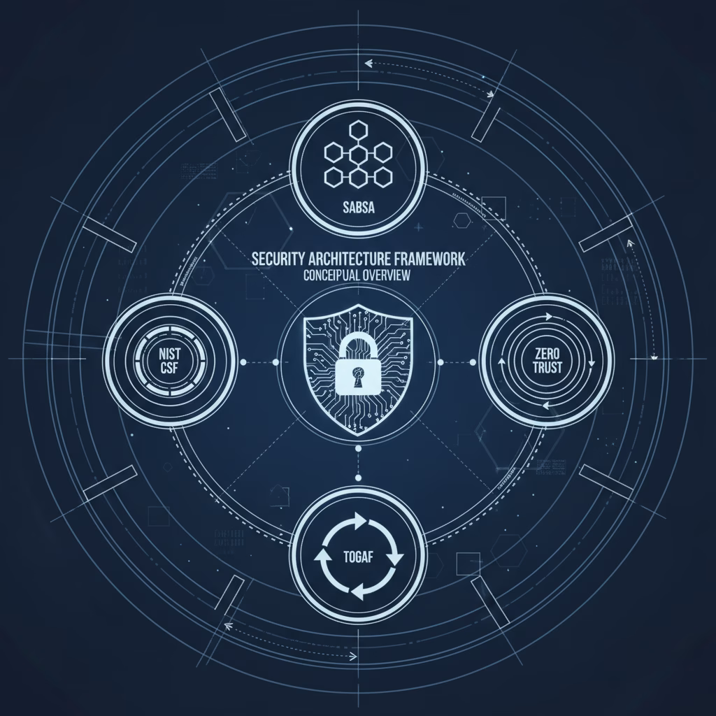 Security architecture framework examples illustration showing SABSA, NIST CSF, Zero Trust, and TOGAF surrounding a central security shield
