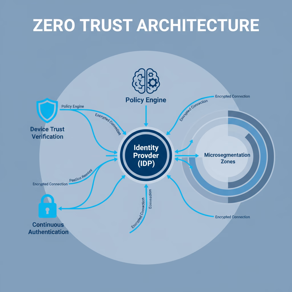 Zero Trust architecture components diagram showing identity provider, device trust verification, policy engine, microsegmentation, and continuous authentication